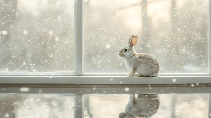 Adorable Bunny Rabbit Watching Snow Fall from Windowsill