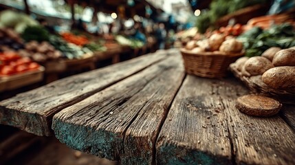 Rustic wooden table in foreground, blurred market background with fresh produce