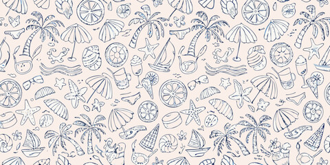 Charming hand drawn summer beach vacation pattern with palm trees sailboats ice cream and seashells