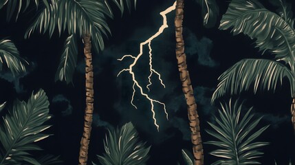Tropical Storm Night Palm Trees Lightning Dark Background Fabric Print