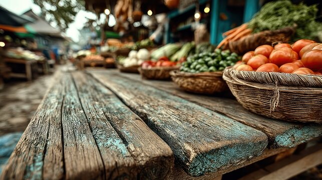 Rustic wooden table in foreground, blurred market background with fresh produce
