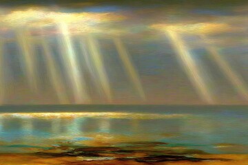 Sunrise rays pierce a cloudy sky over a tranquil sea