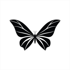 Elegant black fill vector design of a butterfly with open wings isolated on white background