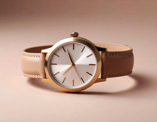 Luxury Wristwatch with Beige Strap and Gold Frame