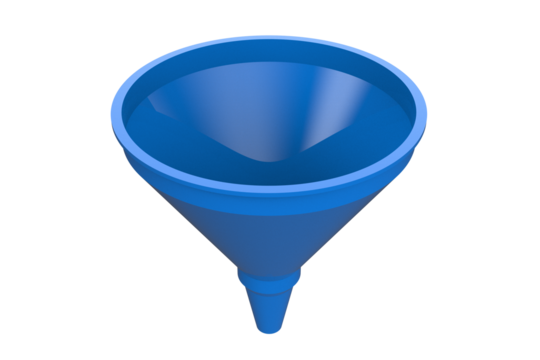 High Resolution Isolated Blue Plastic Funnel Tool, essential versatile utility item for kitchen supplies, laboratory testing, and clean fluid dynamics, 3D render with transparent PNG background.