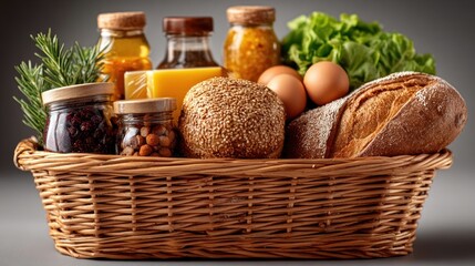 Shopping basket filled with assorted packaged goods on white background