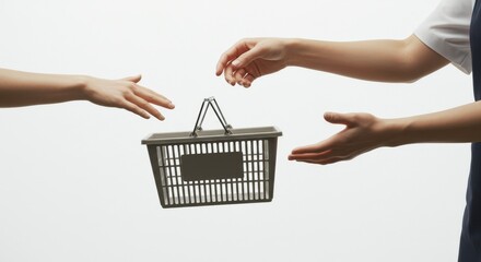 Hands exchanging shopping basket against neutral background  