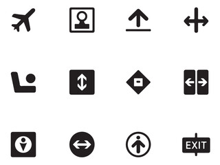 Set of Black and White Transportation and Facility Icons, a collection of black silhouette icons, perfect for representing various transportation and facility options.