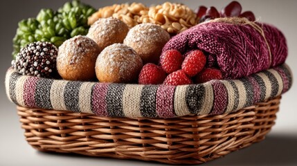 Shopping basket filled with assorted packaged goods on white background