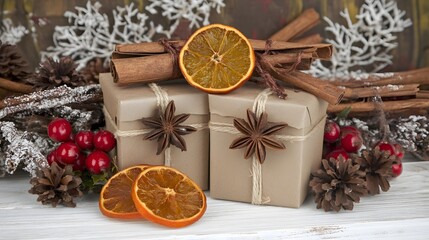 Rustic Christmas Gifts Decorated with Cinnamon, Star Anise, and Dried Orange