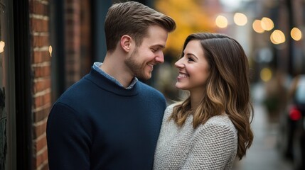 Pair poses for engagement photos against a modern urban backdrop during a joyful session.