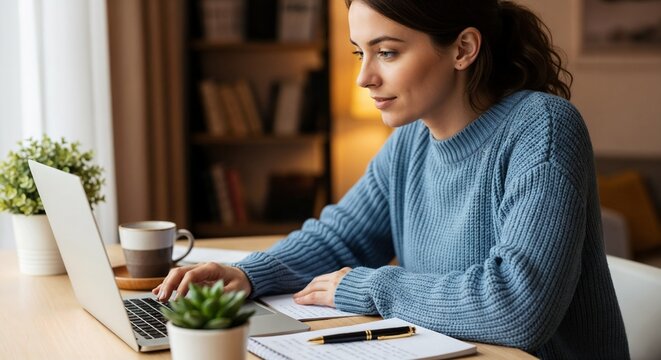 Focused woman working on laptop at cozy desk for remote work visuals, freelance blogs, digital nomad content, productivity materials, and online course platforms