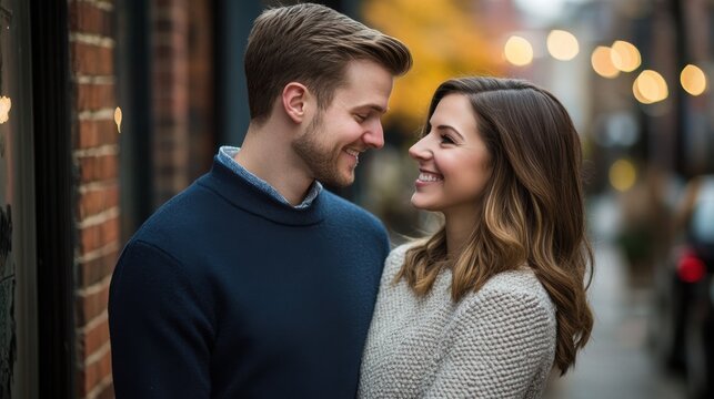 Pair poses for engagement photos against a modern urban backdrop during a joyful session.