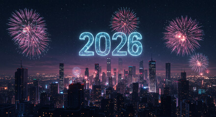 Cityscape at night with illuminated 2026 on sky with fireworks