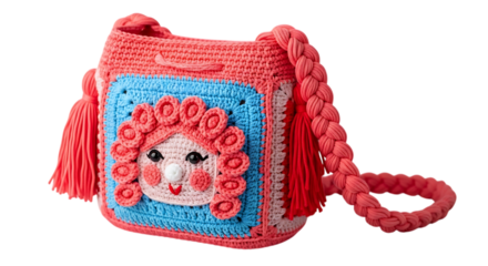 Handwoven bag templates crocheted pink and blue childs purse with doll face and tassels isolated on transparent background