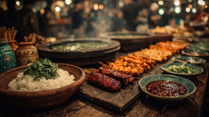 Street food stall at busy night market serving skewers, herbs, and sauces
