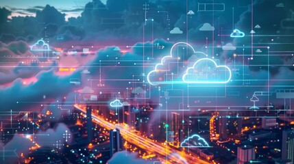 Cloud computing concept. Smart city. Communication network with cloud logistics transportation