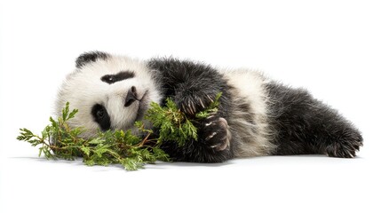Fototapeta premium Adorable Baby Panda Lying on White Surface with Green Branches Relaxing in Natural Setting