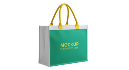 Handwoven bag templates green shopping bag with yellow handles and mockup text isolated isolated on transparent background