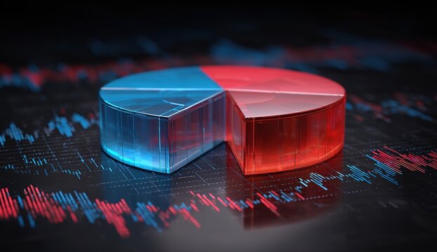 3D pie chart glowing with red and blue colors on a dark background, graphs of the stock market in the background - Powered by Adobe