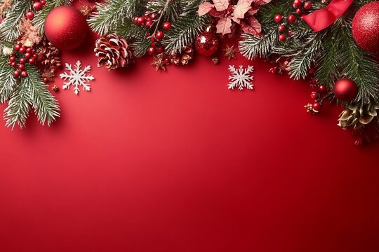 Christmas and new year background concept. Top view of Christmas decoration made from snowflake, christmas ball on red background. - Powered by Adobe