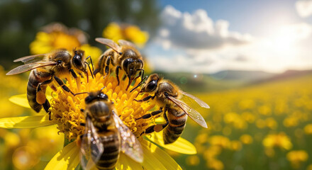 Bees collecting nectar from yellow flowers on a sunny day in a meadow