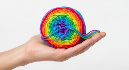 Hand holding a ball of rainbow yarn, Hand on white background