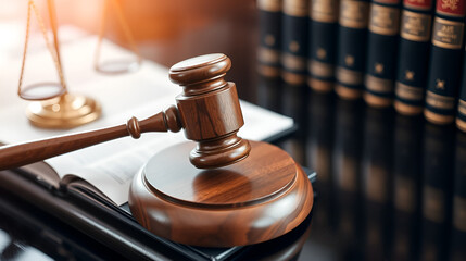Wooden gavel on polished desk symbolizing justice