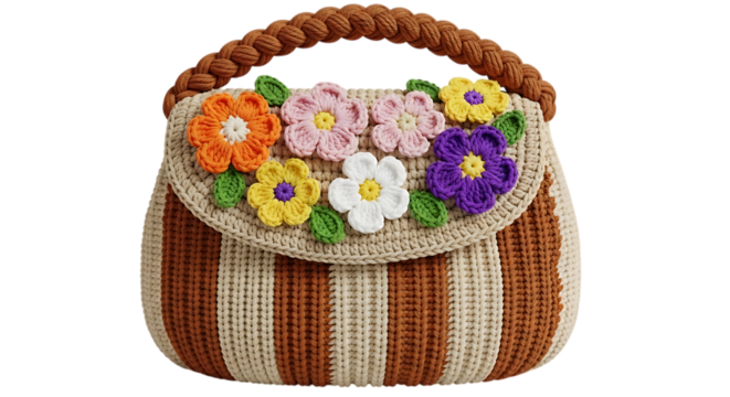 Handwoven bag templates crocheted straw bag with floral applique isolated on transparent background - Powered by Adobe
