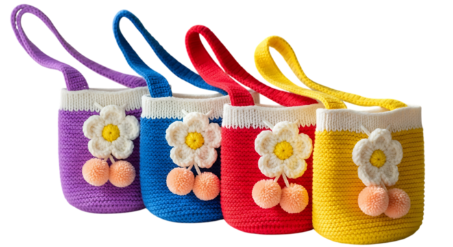 Handwoven bag templates four colorful crochet bags with flower and pompom decorations isolated on transparent background
