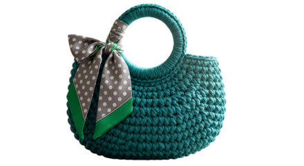 Handwoven bag templates teal crochet handbag with polka dot bow isolated on transparent background