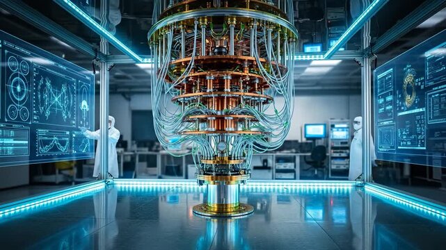 Quantum Computer Lab: Advanced Research - Scientists in a modern lab monitor a complex quantum computer.