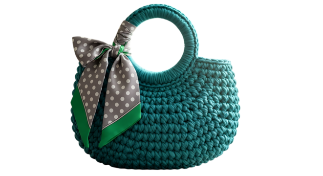Handwoven bag templates teal crochet handbag with polka dot bow isolated on transparent background
