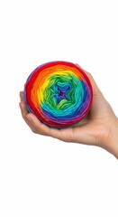 Hand holding a ball of rainbow yarn, Hand on white background