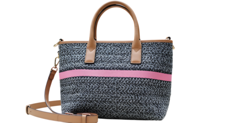 Handwoven bag templates woven tote bag with leather handles and pink stripe isolated on transparent background