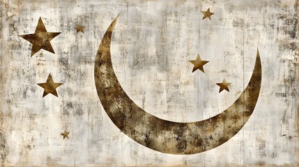 Fototapeta premium Rustic Crescent Moon and Stars Art Print, Grunge Texture, Celestial Design, Beige and Brown Tones
