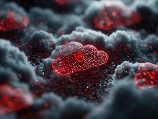 A digital illustration depicting cloud security, with a binary code background and a red shield icon overlaying the scene