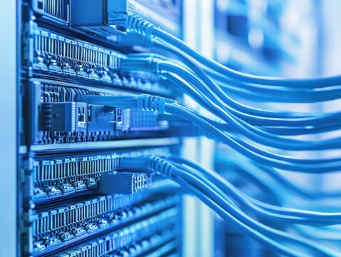 Network rack with blue cables