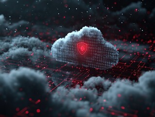 A digital illustration depicting cloud security, with a binary code background and a red shield icon overlaying the scene
