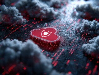 A digital illustration depicting cloud security, with a binary code background and a red shield icon overlaying the scene