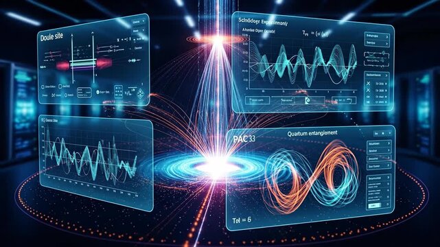 Quantum Mechanics Data Visualization - A futuristic visualization of quantum entanglement and other quantum mechanics concepts displayed on holographic-style interfaces.