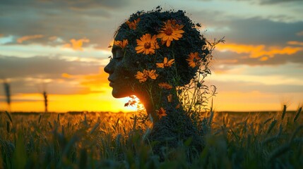 Woman with flower head, golden sunset