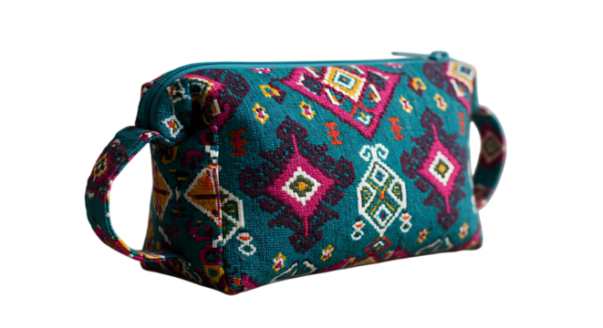 Handwoven bag templates teal makeup bag with colorful geometric pattern, isolated on transparent background
