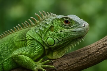 Fototapeta premium Iguana resting on a branch in a lush green environment during daytime