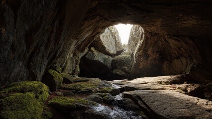 High quality photo of sunlight streams into a mossy cave entrance.
