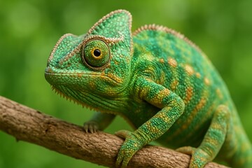 Obraz premium Chameleon resting on branch in lush environment during bright daylight