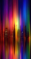 Vibrant city skyline reflected in water, depicted with dynamic light streaks