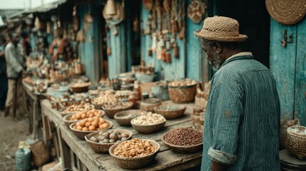 Traveler exploring market with fresh goods and crafts