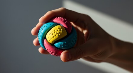 Hand holding a colorful stress ball with textured surface  