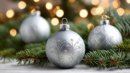Silver christmas balls decoration lying on pine branches with blurred lights in background